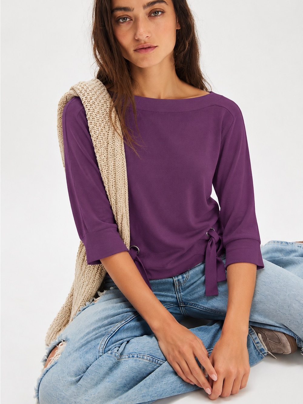 236. cleo Purple Boatneck Side-Tie Long Sleeve Top